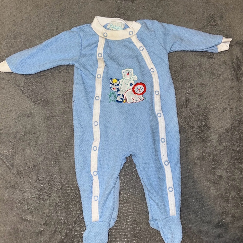 1990s vintage Blue Baby Footies with Animal Print